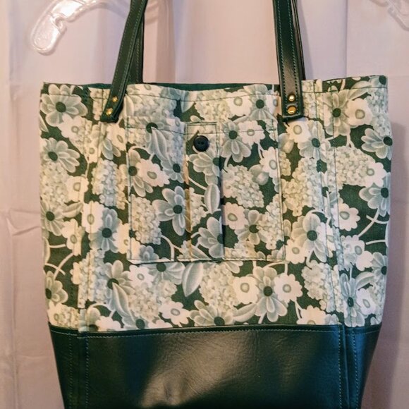 New Fall Floral Tote Shopper shoulder Bag Green White Double handle Carryall - Picture 3 of 12